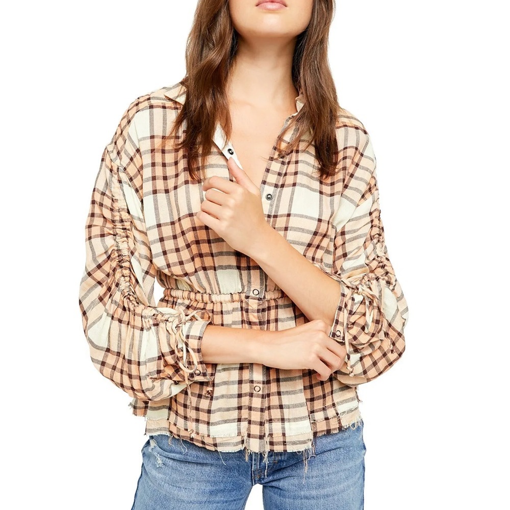 NWT We The Free peach tree combo pacific dawn plaid raw hem M drawstring shirt